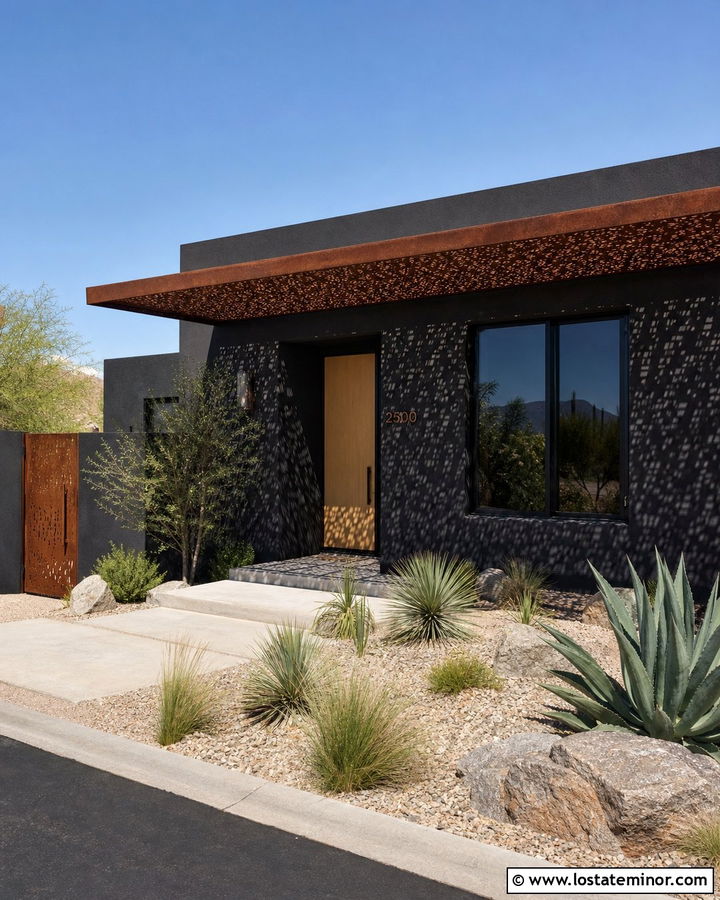 Black Desert House With Perforated Awning - 30 Black House Design With Awning Ideas