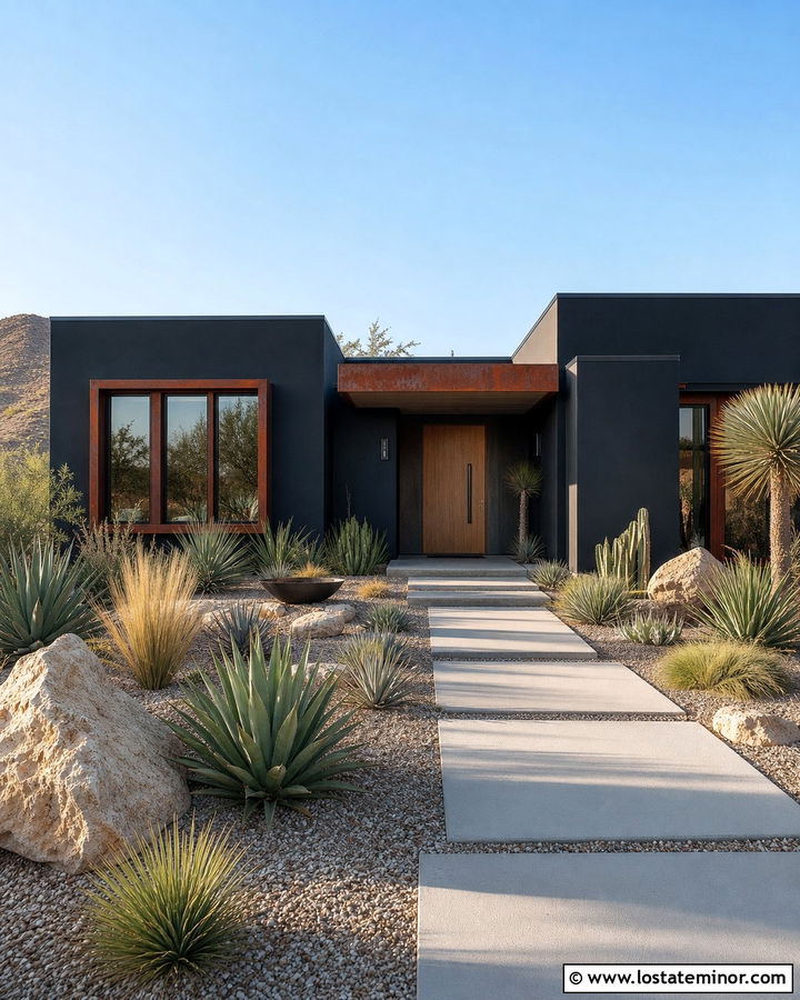 Black Desert House With Rust Window Frames - 30 Black House Design With Window Frames Ideas