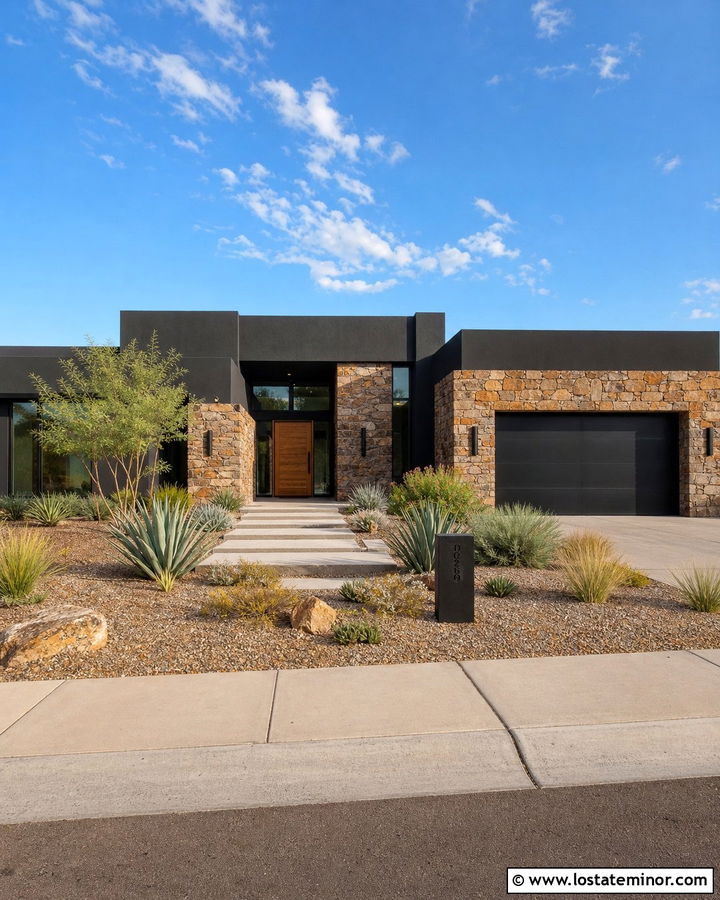 Black Desert House With Sandstone Walls - 30 Black House Design With Stone Accents Ideas