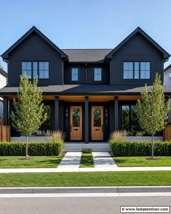 Black Duplex House With Wood Porch Ceiling - 30 Black House Design With Porch Ceiling Ideas