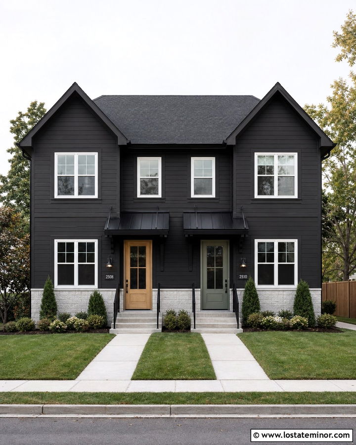 Black Duplex With Matching Door Awnings - 30 Black House Design With Awning Ideas