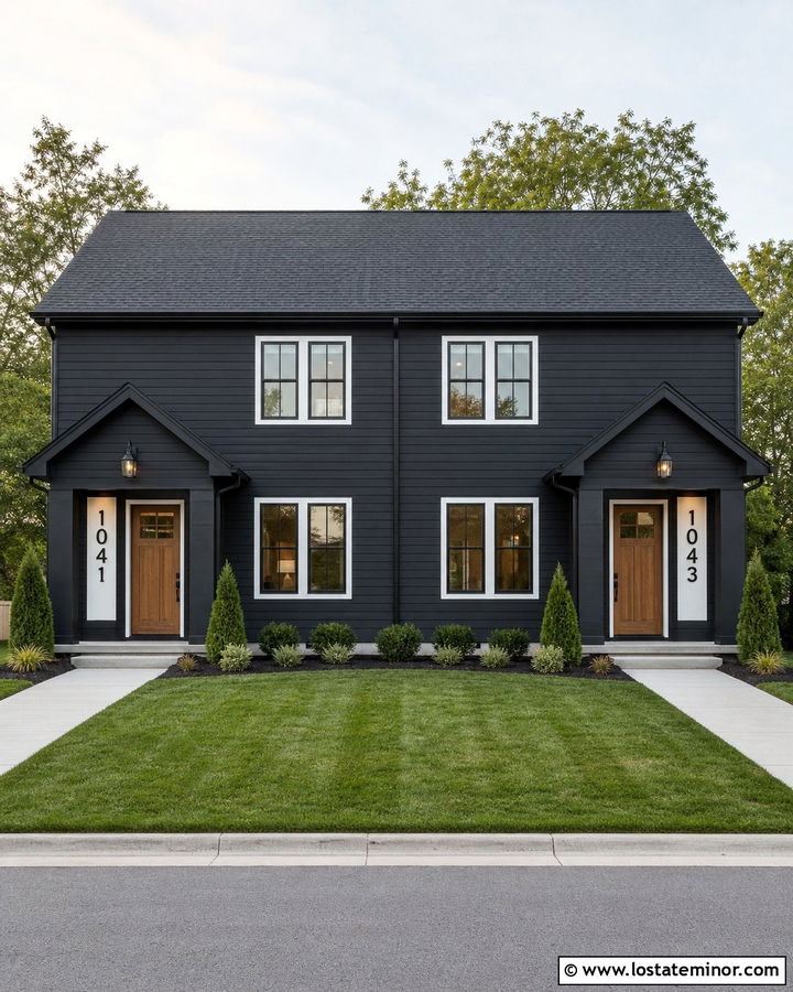 Black Duplex With Separate House Number Panels - 30 Black House Design With House Numbers Ideas