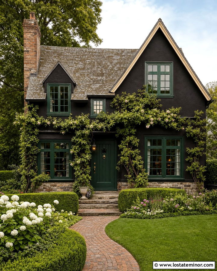 Black English Cottage With Green Window Frames - 30 Black House Design With Window Frames Ideas