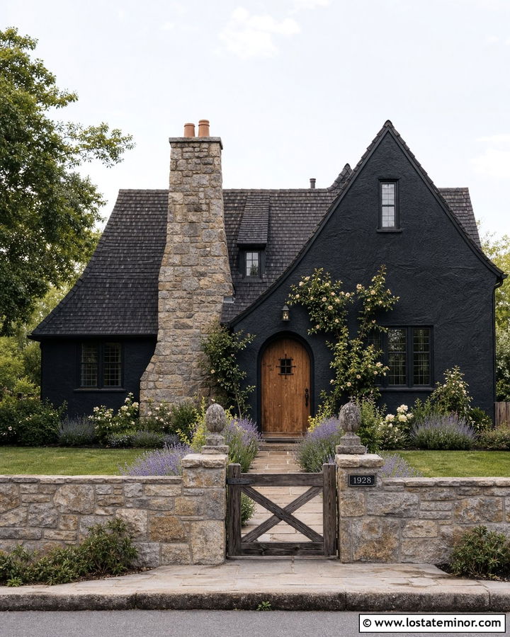 Black English Cottage With Stone Chimney - 30 Black House Design With Chimney Ideas