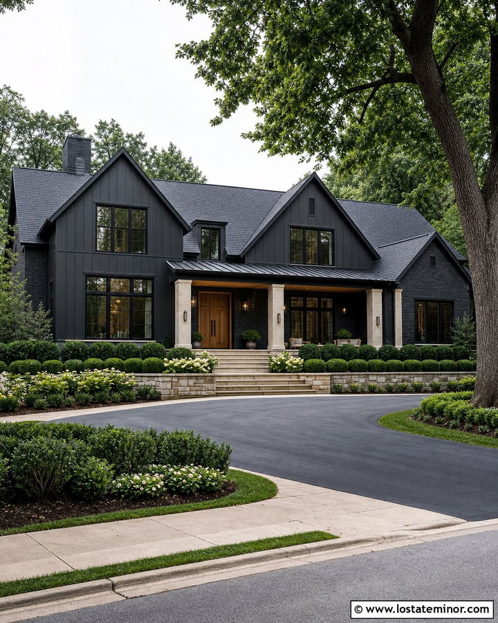 Black Estate House With Oak Porch Ceiling - 30 Black House Design With Porch Ceiling Ideas