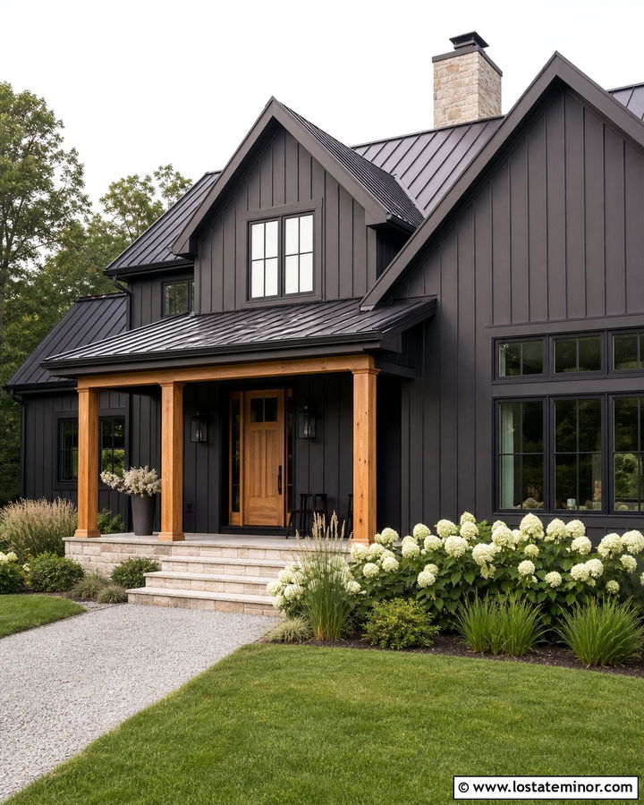 Black Farmhouse Siding With Cedar Columns - 30 Black House Design With Siding Ideas