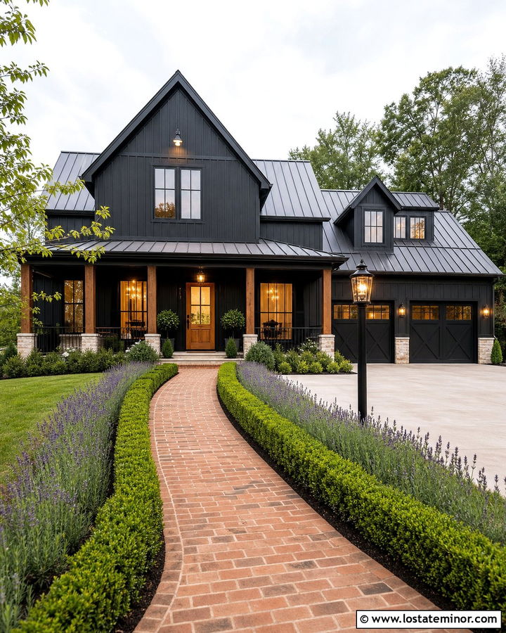 Black Farmhouse With Brick Walkway - 30 Black House Design With Walkway Ideas