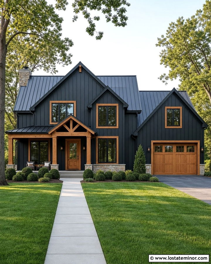 Black Farmhouse With Cedar Window Trim - 30 Black House Design With Window Frames Ideas