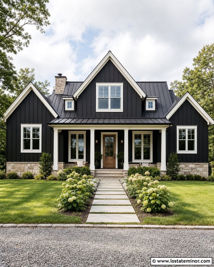 Black Farmhouse With Cream Trim - 30 Black House Design With Trim Ideas
