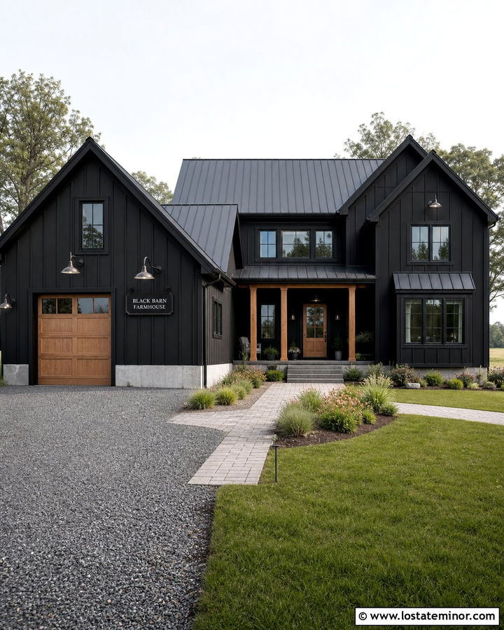 Black Farmhouse With Gooseneck Barn Lights - 30 Black House Design With Lighting Ideas