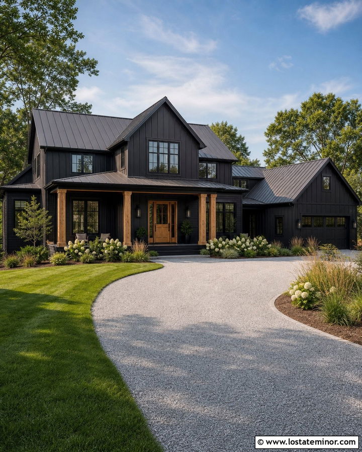 Black Farmhouse With Gravel Driveway - 30 Black House Design With Driveway Ideas