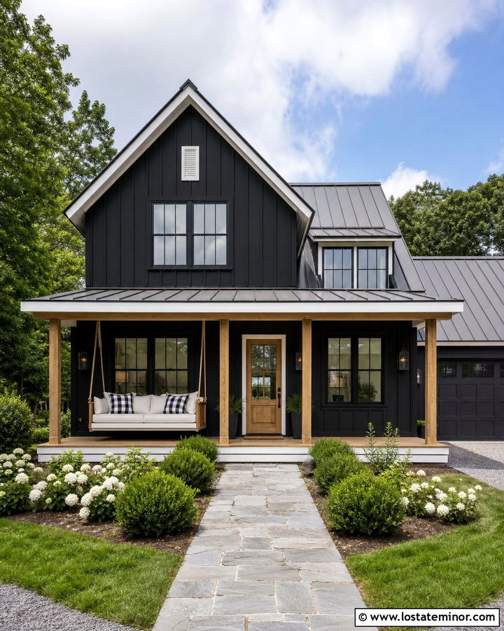 Black Farmhouse With Hanging Porch Daybed - 30 Black House Design With Daybed Ideas