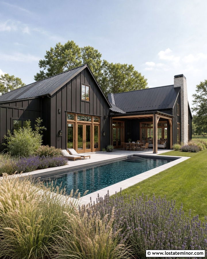 Black Farmhouse With Lap Pool - 30 Black House Design With Swimming Pool Ideas