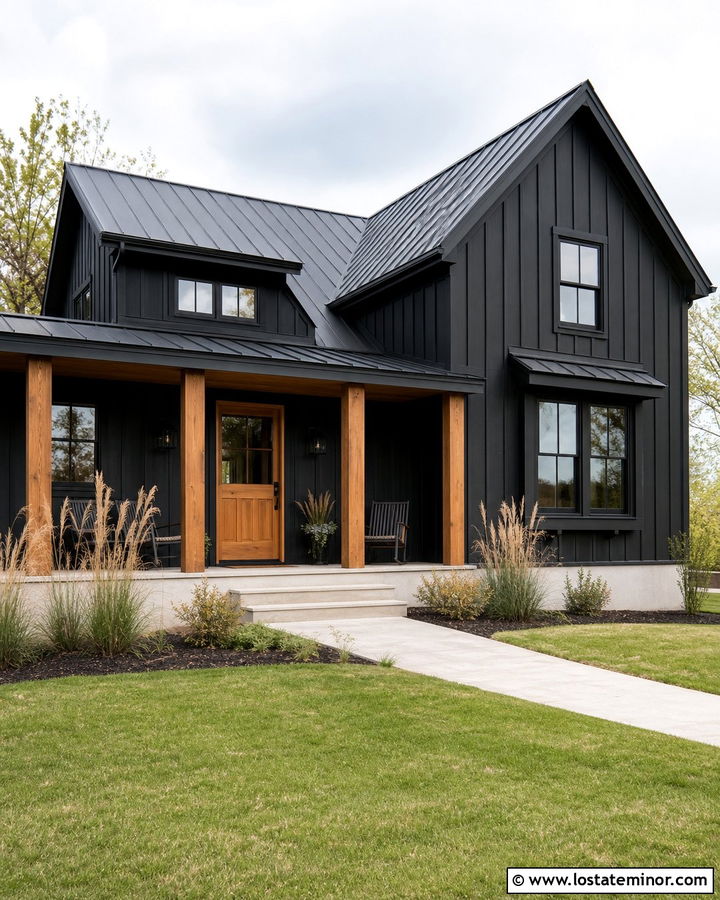 Black Farmhouse With Natural Wood Dutch Door - 30 Black House Design With Dutch Door Ideas