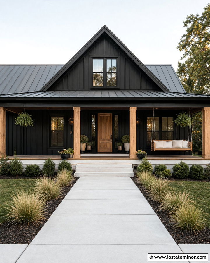 Black Farmhouse With Natural Wood Porch Swing - 30 Black House Design With Swing Ideas
