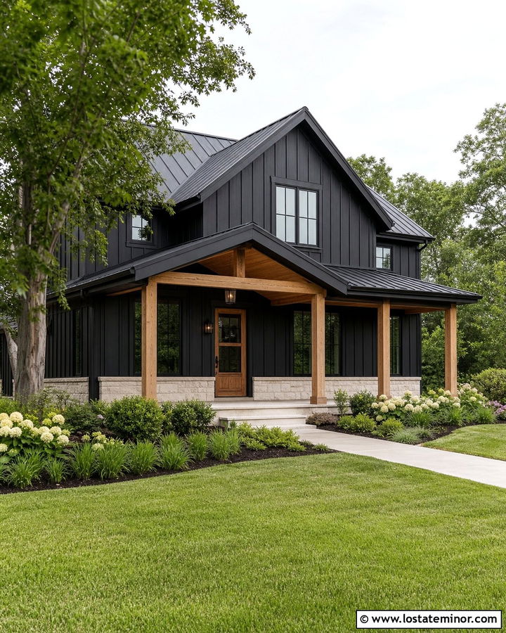 Black Farmhouse With Natural Wood Screen Door - 30 Black House Design With Screen Door Ideas
