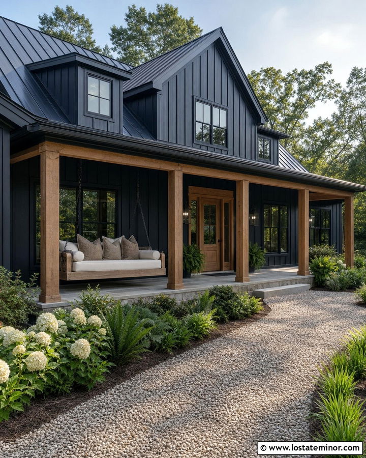 Black Farmhouse With Porch Bed Swing - 30 Black House Design With Swing Ideas