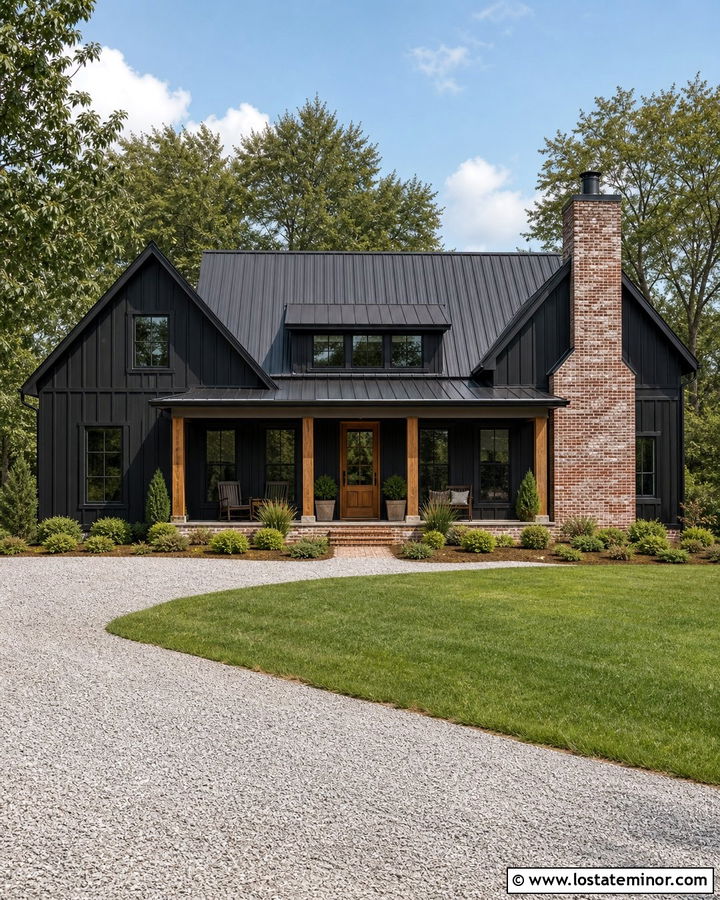 Black Farmhouse With Red Brick Chimney - 30 Black House Design With Chimney Ideas