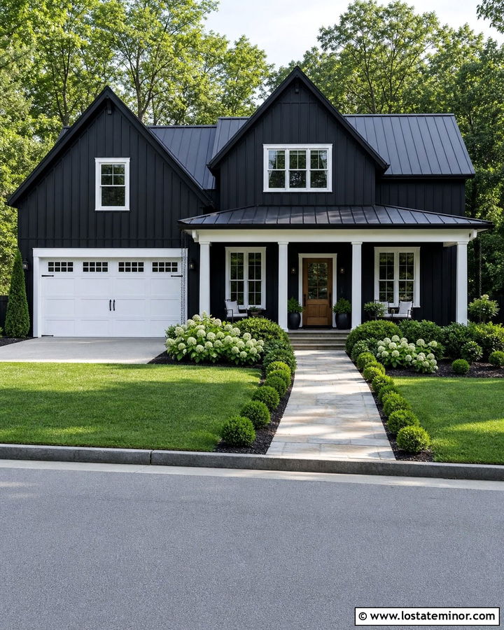 Black Farmhouse With White Garage Door - 30 Black House Design With Garage Door Ideas