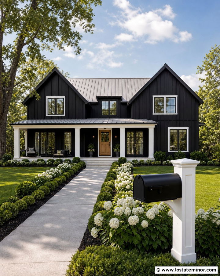 Black Farmhouse With White Mailbox Post - 30 Black House Design With Mailbox Ideas