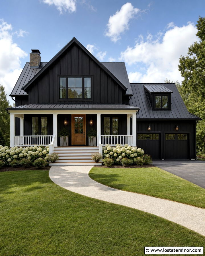 Black Farmhouse With White Porch Railings - 30 Black House Design With Railings Ideas