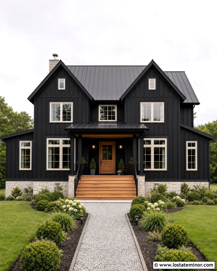 Black Farmhouse With Wood Steps - 30 Black House Design With Steps Ideas