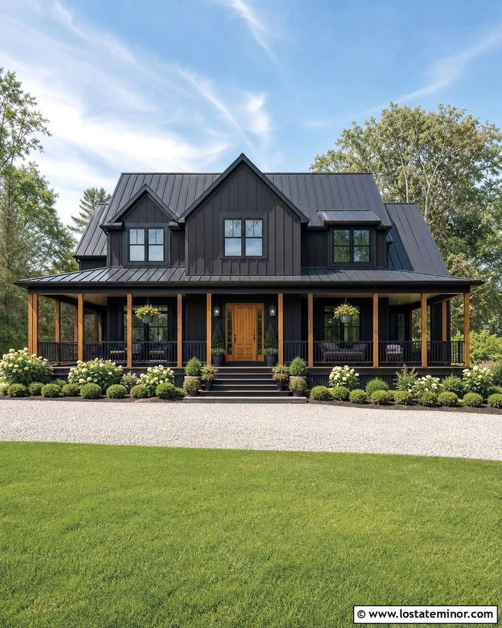 Black Farmhouse With Wraparound Front Porch - 30 Black House Design With Front Porch Ideas
