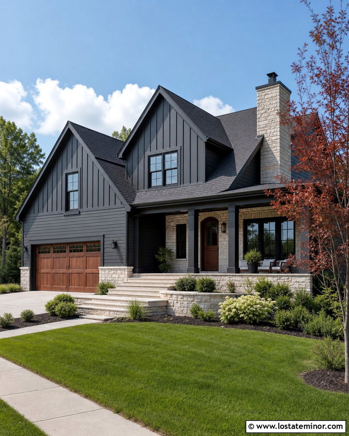 Black Fiber Cement Siding With Limestone - 30 Black House Design With Siding Ideas