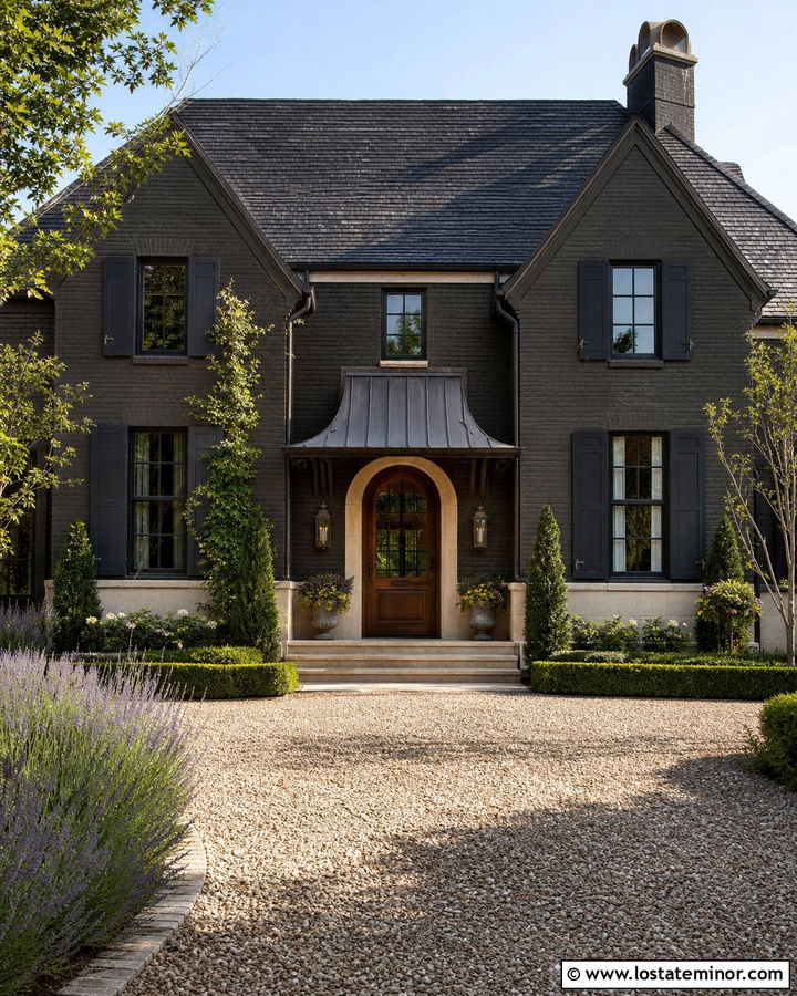 Black French Country House With Arched Awning - 30 Black House Design With Awning Ideas