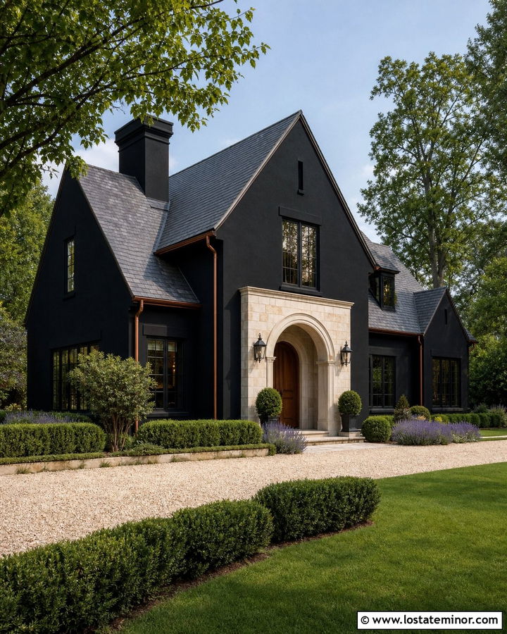 Black French Country House With Arched Portico - 30 Black House Design With Portico Ideas