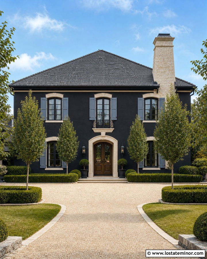 Black French Country House With Limestone Chimney - 30 Black House Design With Chimney Ideas