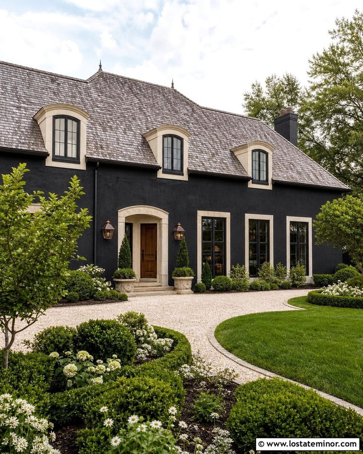 Black French Country House With Stone Dormers - 30 Black House Design With Dormers Ideas