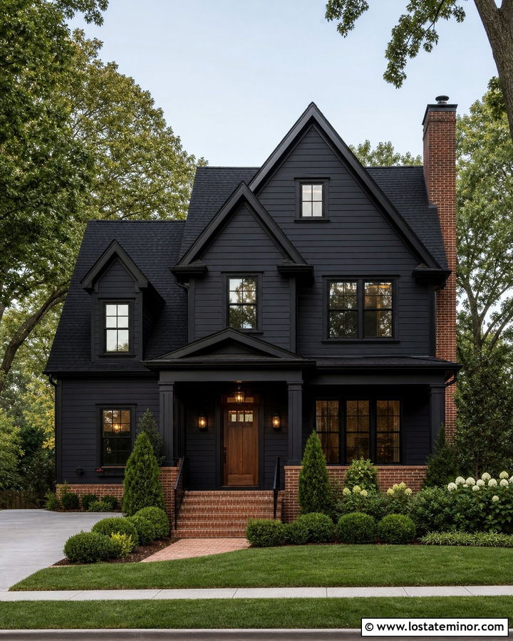 Black Gable House With Brick Accents - 30 Black House Design With Gables Ideas