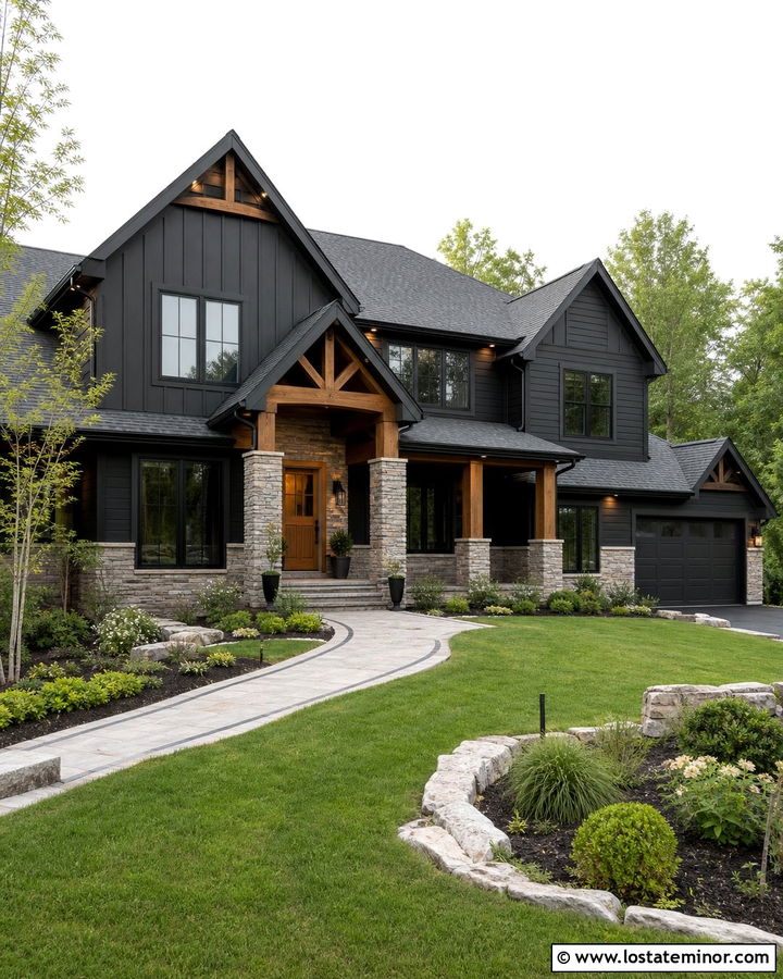 Black Gable House With Stone Veneer - 30 Black House Design With Gables Ideas