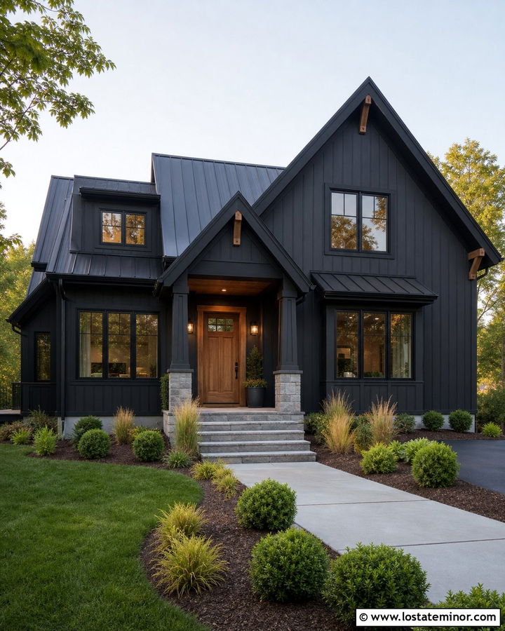 Black Gable House With Wood Front Door - 30 Black House Design With Gables Ideas
