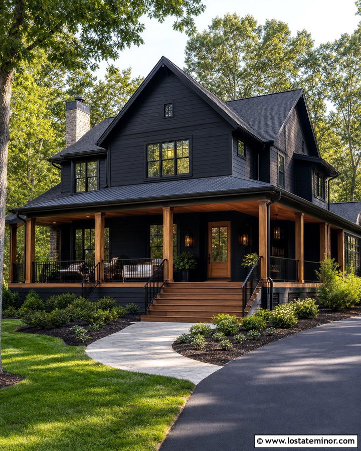 Black Gable House With Wraparound Porch - 30 Black House Design With Gables Ideas
