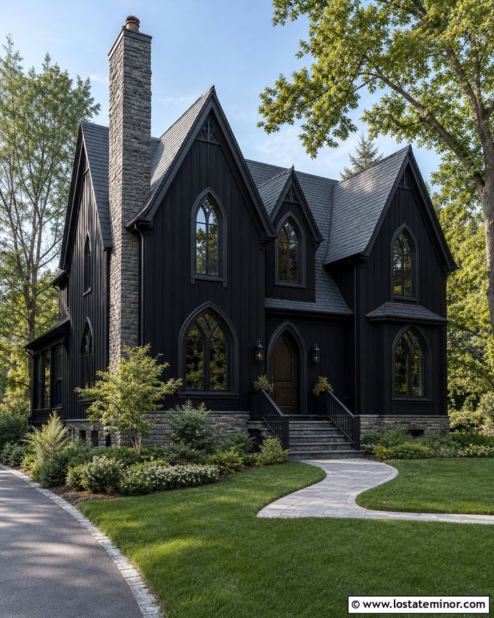 Black Gothic Revival House With Tall Chimney - 30 Black House Design With Chimney Ideas