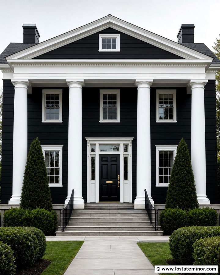 Black Greek Revival House With White Doric Columns - 30 Black House Design With Porch Columns Ideas