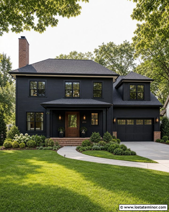 Black Horizontal Siding House With Brick Chimney - 30 Black House Design With Chimney Ideas