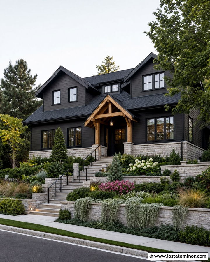 Black House On A Slope With Retaining Walls - 30 Black House Design With Front Yard Ideas