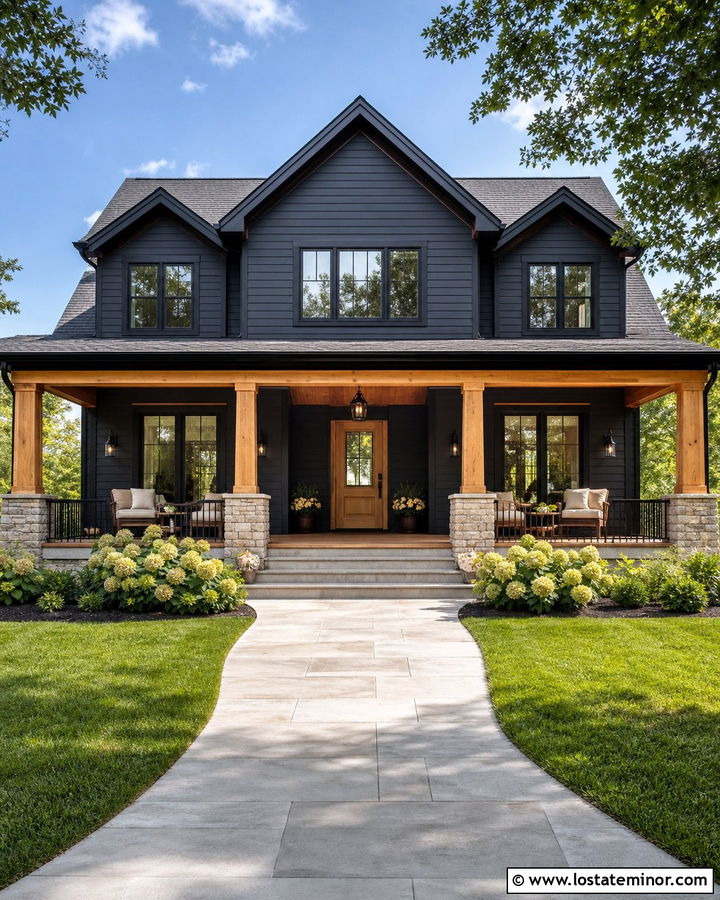 Black House With A Wide Front Porch - 30 Black House Design With Shingles Ideas
