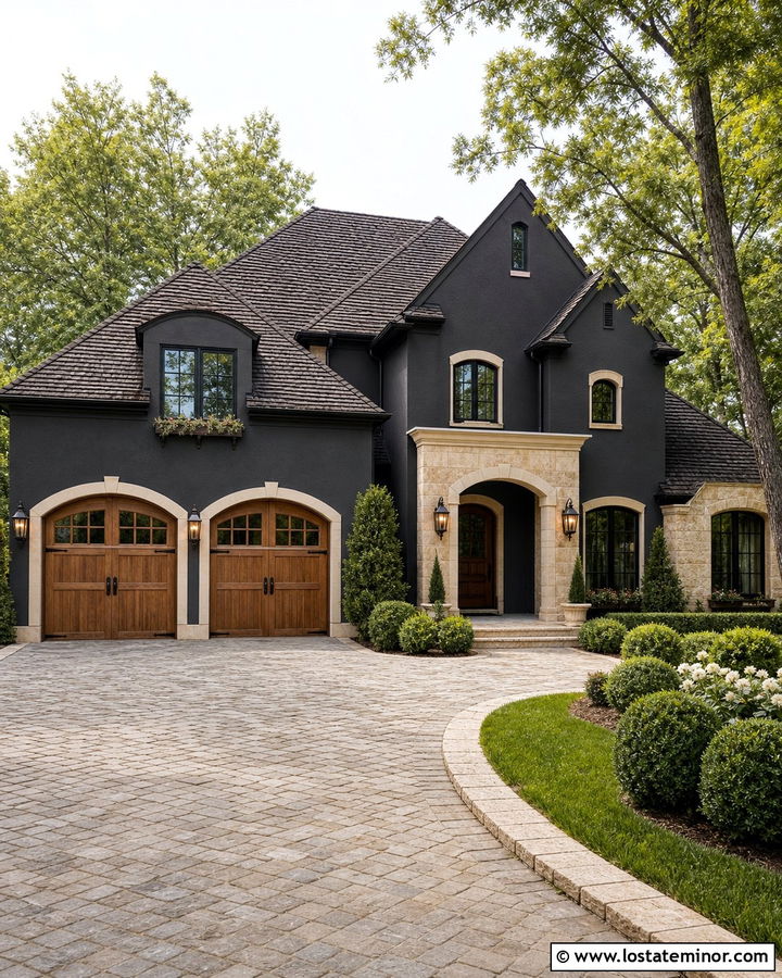 Black House With Arched Garage Doors - 30 Black House Design With Garage Door Ideas