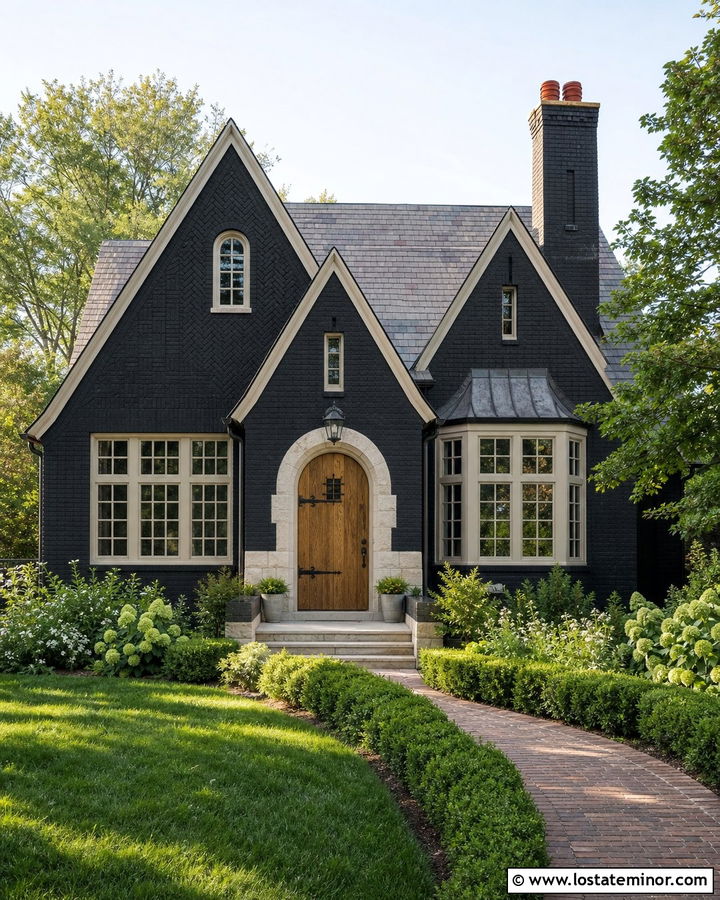 Black House With Arched Oak Front Door - 30 Black House Design With Entry Door Ideas