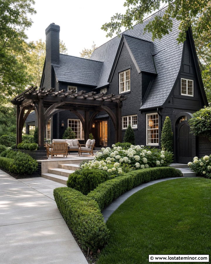 Black House With Arched Pergola - 30 Black House Design With Pergola Ideas
