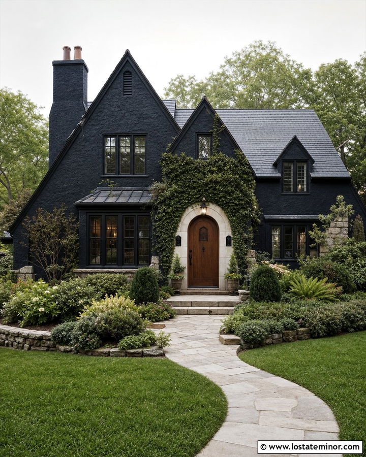 Black House With Arched Wood Front Door - 30 Black House Design With Front Door Ideas