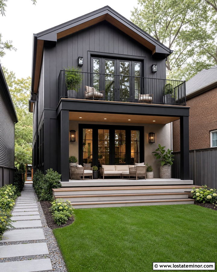Black House With Backyard Balcony - 30 Black House Design With Backyard Ideas