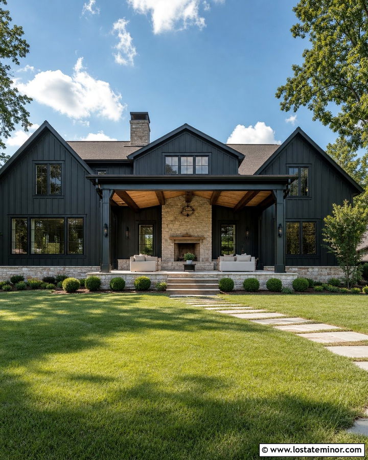 Black House With Backyard Fireplace - 30 Black House Design With Backyard Ideas