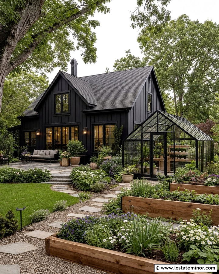 Black House With Backyard Greenhouse - 30 Black House Design With Backyard Ideas