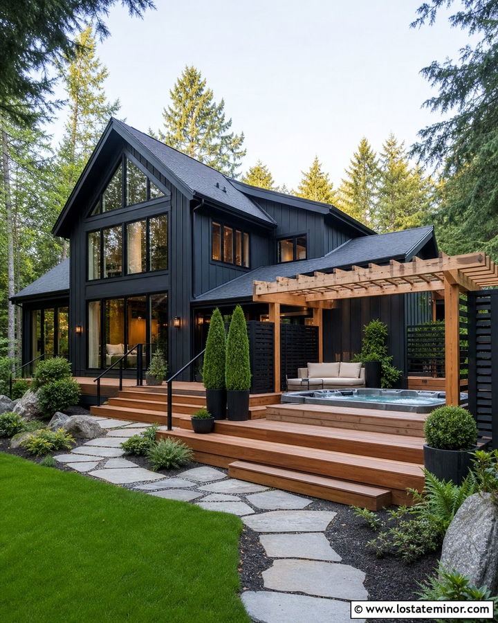 Black House With Backyard Hot Tub - 30 Black House Design With Backyard Ideas