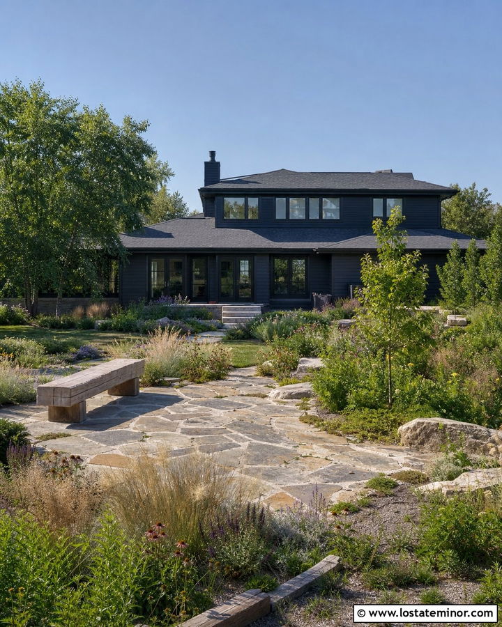 Black House With Backyard Native Landscaping - 30 Black House Design With Backyard Ideas